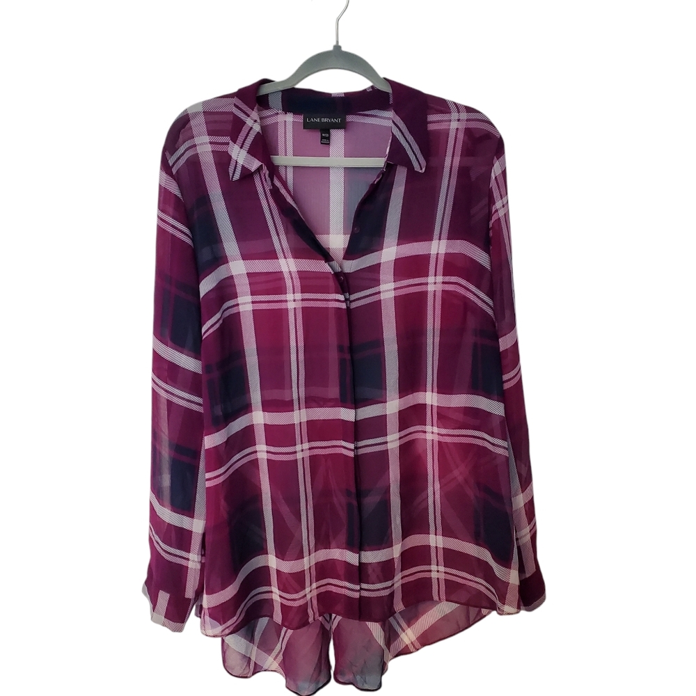 47. Lane Bryant Women's Sheer Purple White Plaid Button Down Blouse 18/20